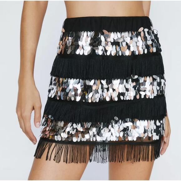 NWT NASTY GAL Fringe And Sequin Mix Mini Skirt Black Silver